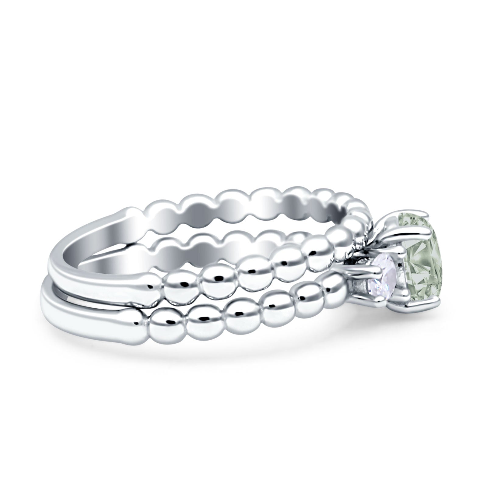 Three Stone Two Piece Bridal Round Beaded Natural Green Amethyst Prasiolite Engagement Ring