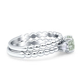 Three Stone Two Piece Bridal Round Beaded Natural Green Amethyst Prasiolite Engagement Ring