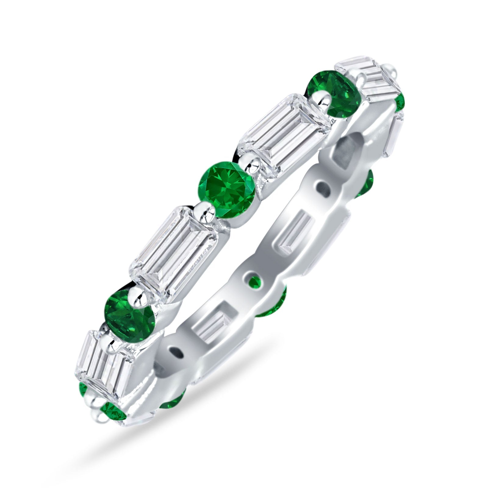 Full Eternity 3mm Emerald Cut & Round Cubic Zirconia Wedding Band 925 Sterling Silver