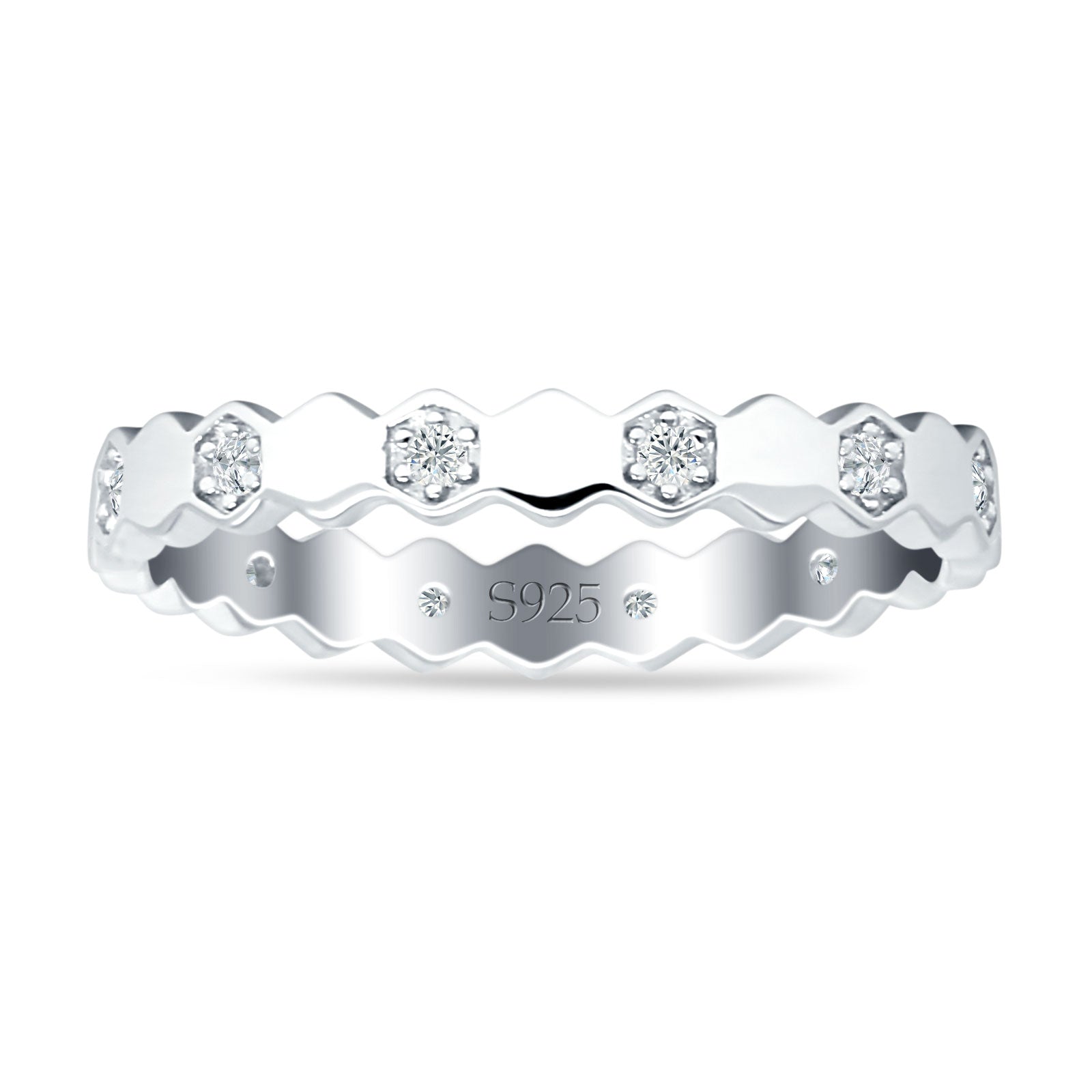 Full Eternity Hexagonal Stackable Band Cubic Zirconia 925 Sterling Silver