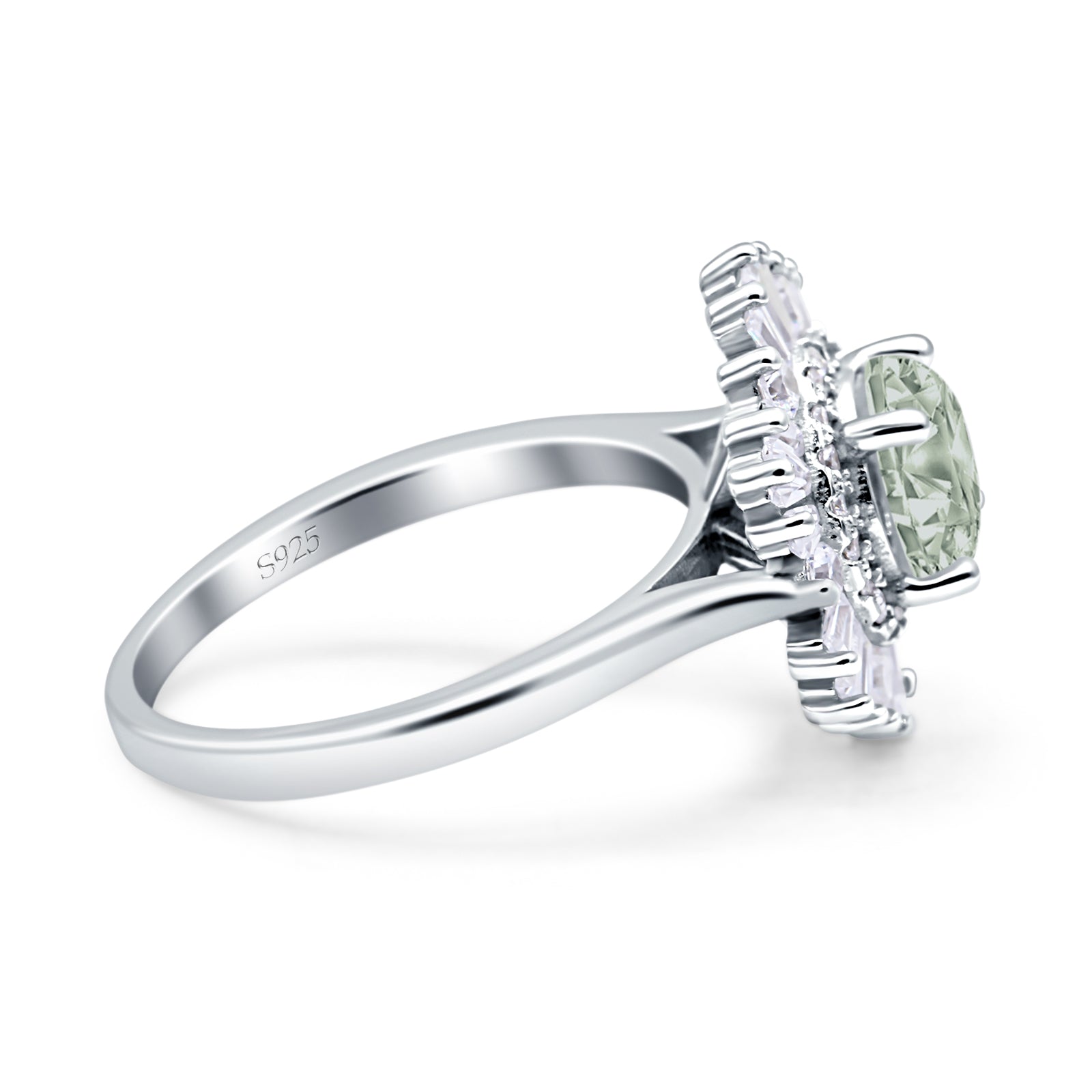 Floral Art Deco Round Natural Green Amethyst Prasiolite Halo Engagement Ring