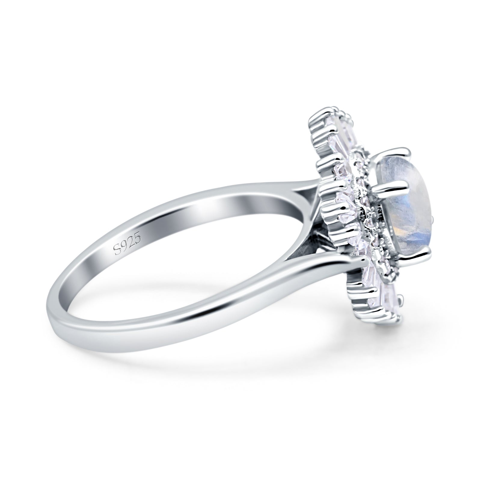 Floral Art Deco Round Natural Moonstone Halo Engagement Ring