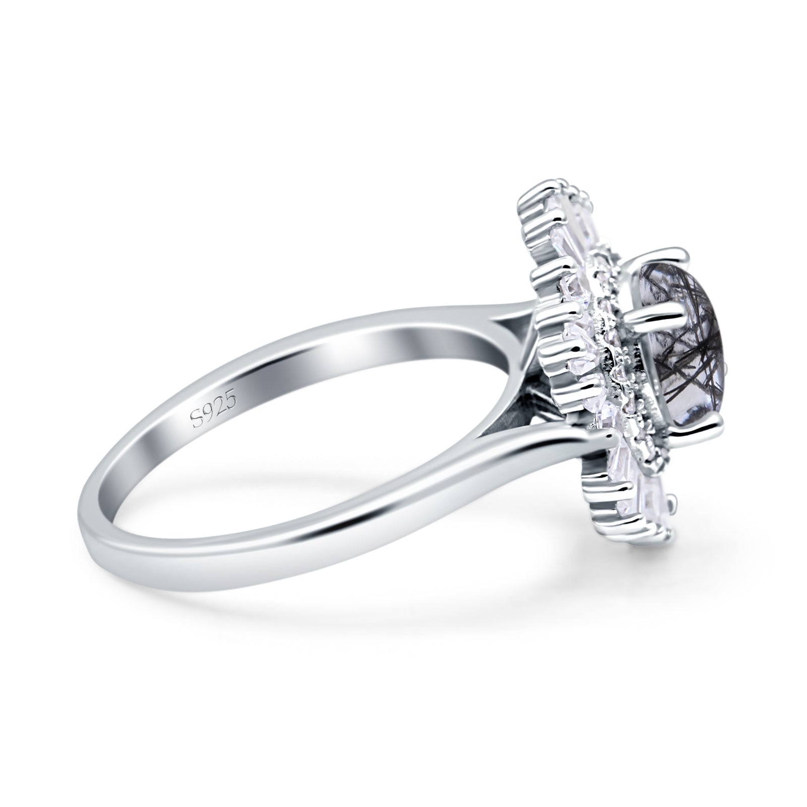 Floral Art Deco Round Natural Rutilated Quartz Halo Engagement Ring