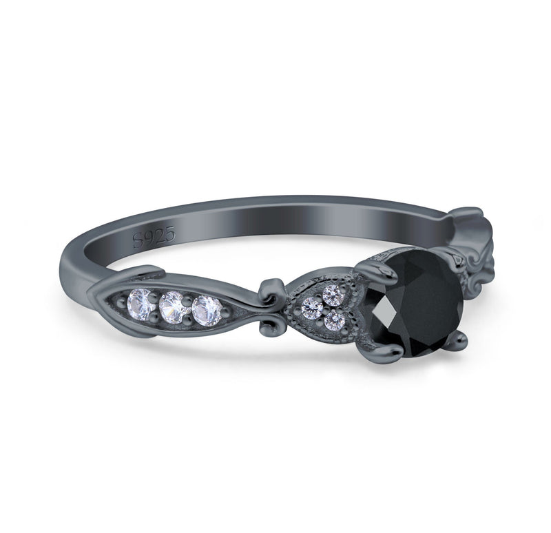 Heart Filigree Art Deco Wedding Bridal Ring Round Simulated Cubic Zirconia 925 Sterling Silver