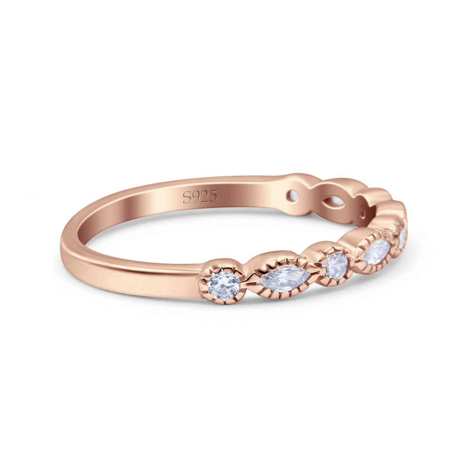 Half Eternity Band Marquise Round Simulated Cubic Zirconia 925 Sterling Silver (2.5mm)