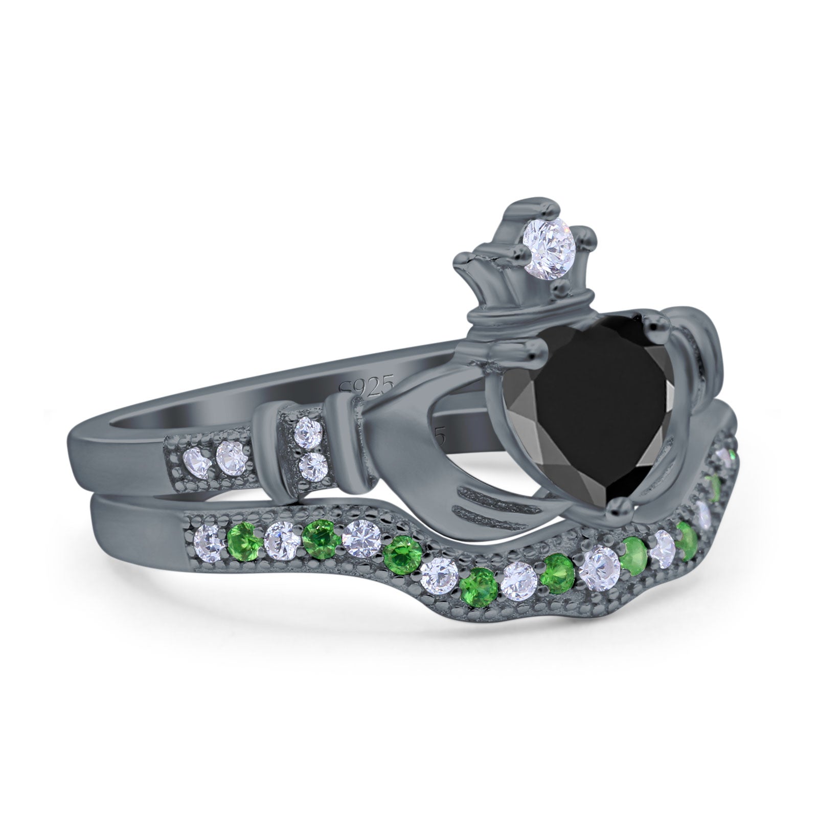 Claddagh Accent Heart Wedding Bridal Set Piece Ring Band Round Green Emerald Simulated Cubic Zirconia 925 Sterling Silver