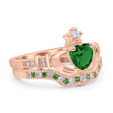Claddagh Accent Heart Wedding Bridal Set Piece Ring Band Round Green Emerald Simulated Cubic Zirconia 925 Sterling Silver