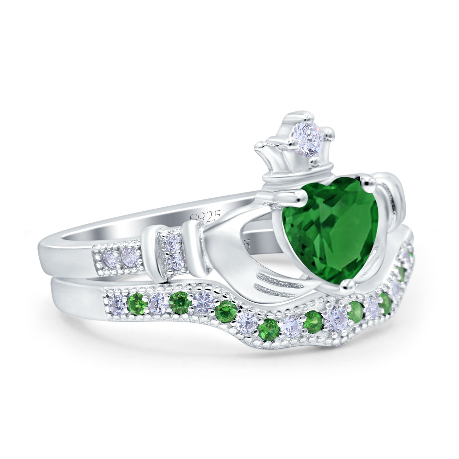 Claddagh Accent Heart Wedding Bridal Set Piece Ring Band Round Green Emerald Simulated Cubic Zirconia 925 Sterling Silver