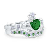 Claddagh Accent Heart Wedding Bridal Set Piece Ring Band Round Green Emerald Simulated Cubic Zirconia 925 Sterling Silver