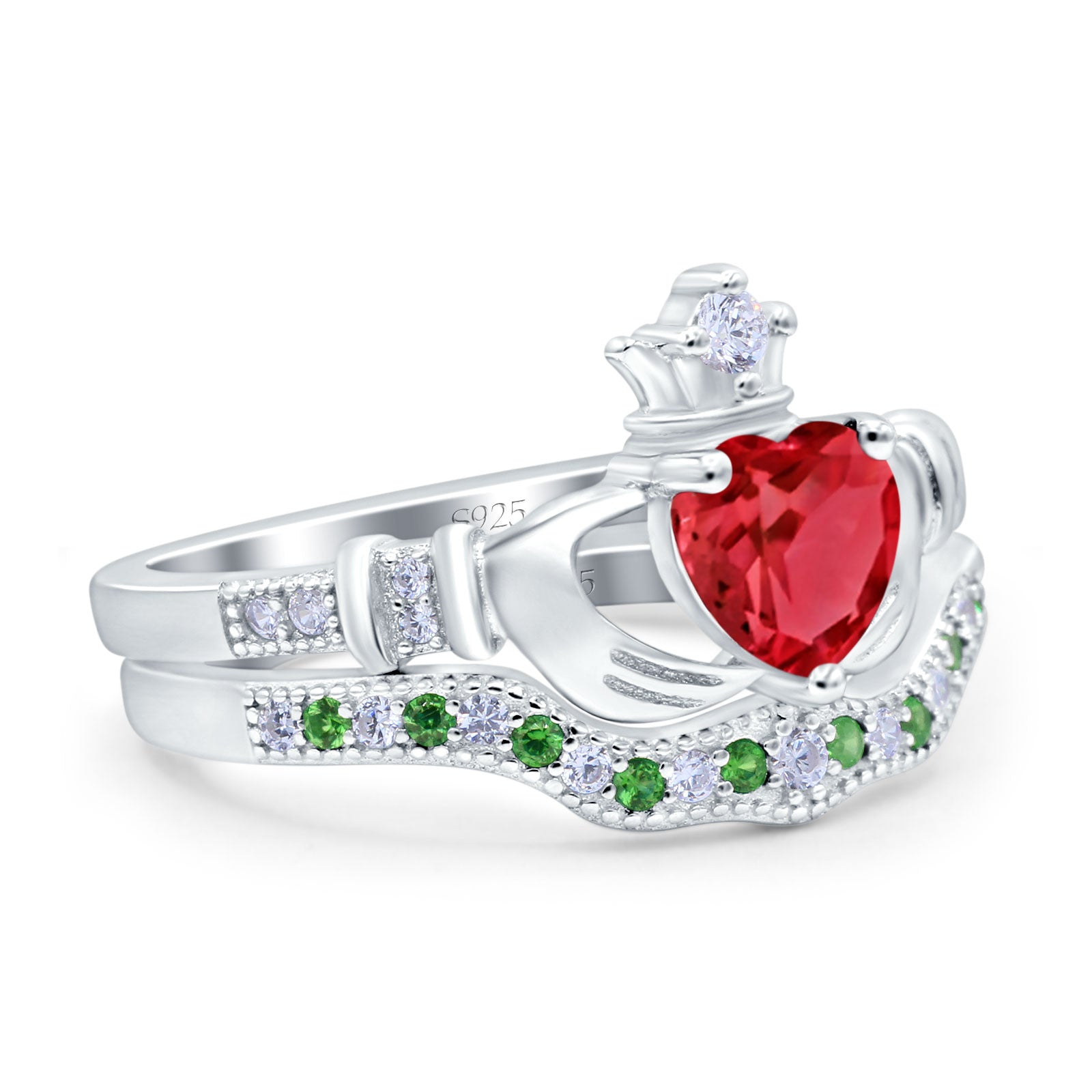 Claddagh Accent Heart Wedding Bridal Set Piece Ring Band Round Green Emerald Simulated Cubic Zirconia 925 Sterling Silver