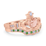 Claddagh Accent Heart Wedding Bridal Set Piece Ring Band Round Green Emerald Simulated Cubic Zirconia 925 Sterling Silver