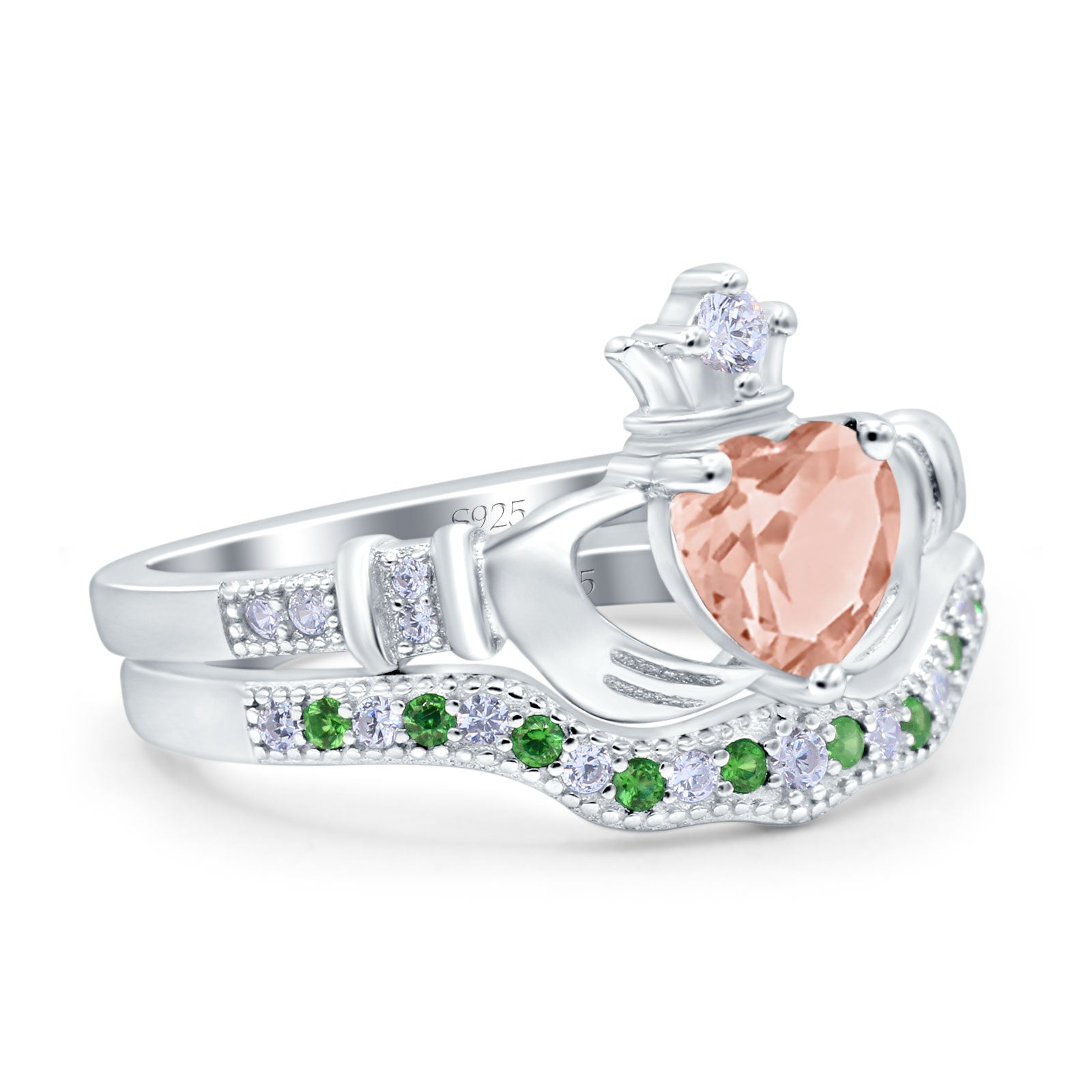 Claddagh Accent Heart Wedding Bridal Set Piece Ring Band Round Green Emerald Simulated Cubic Zirconia 925 Sterling Silver