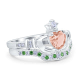 Claddagh Accent Heart Wedding Bridal Set Piece Ring Band Round Green Emerald Simulated Cubic Zirconia 925 Sterling Silver