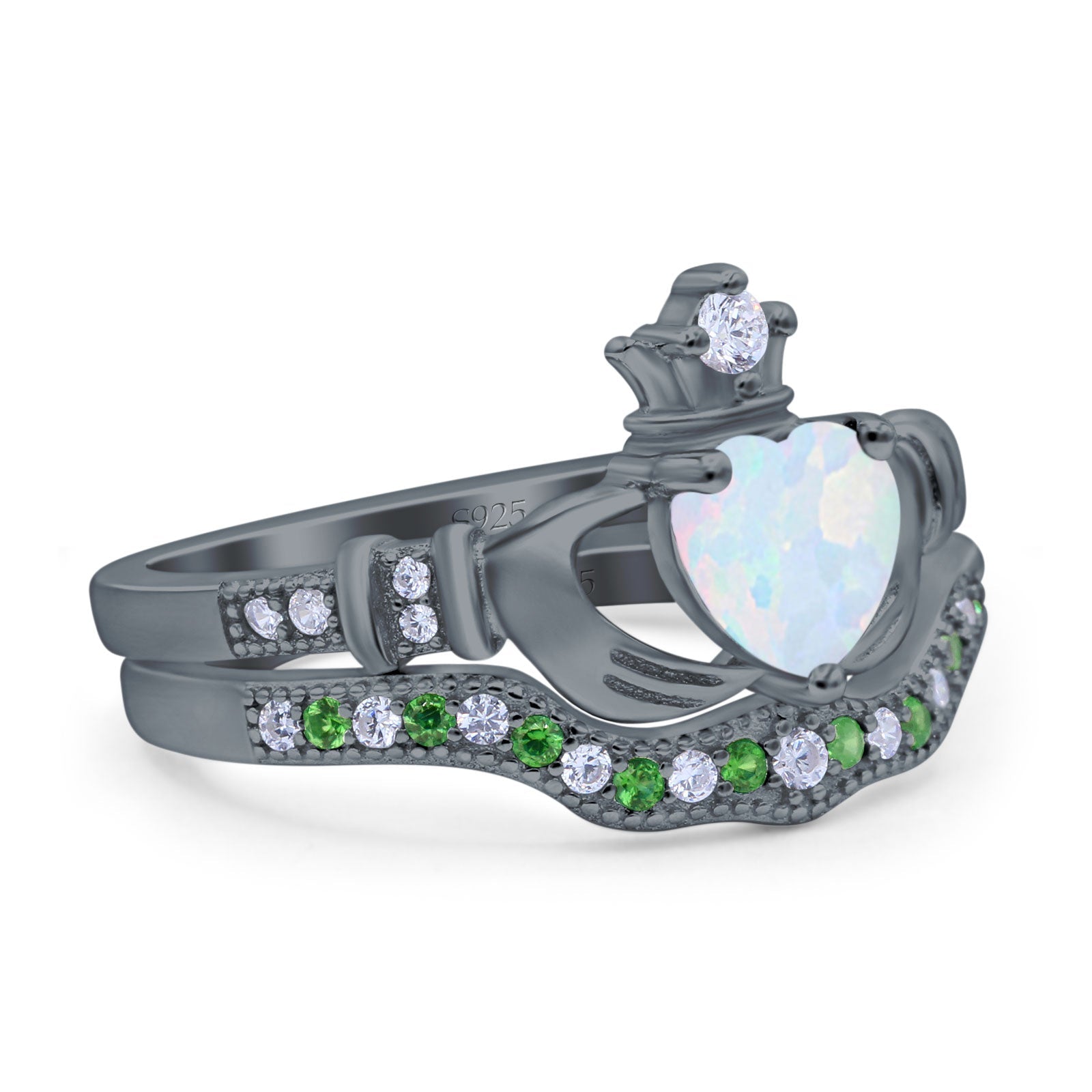 Claddagh Accent Heart Wedding Bridal Set Piece Ring Band Round Green Emerald Simulated Cubic Zirconia 925 Sterling Silver