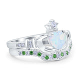 Claddagh Accent Heart Wedding Bridal Set Piece Ring Band Round Green Emerald Simulated Cubic Zirconia 925 Sterling Silver