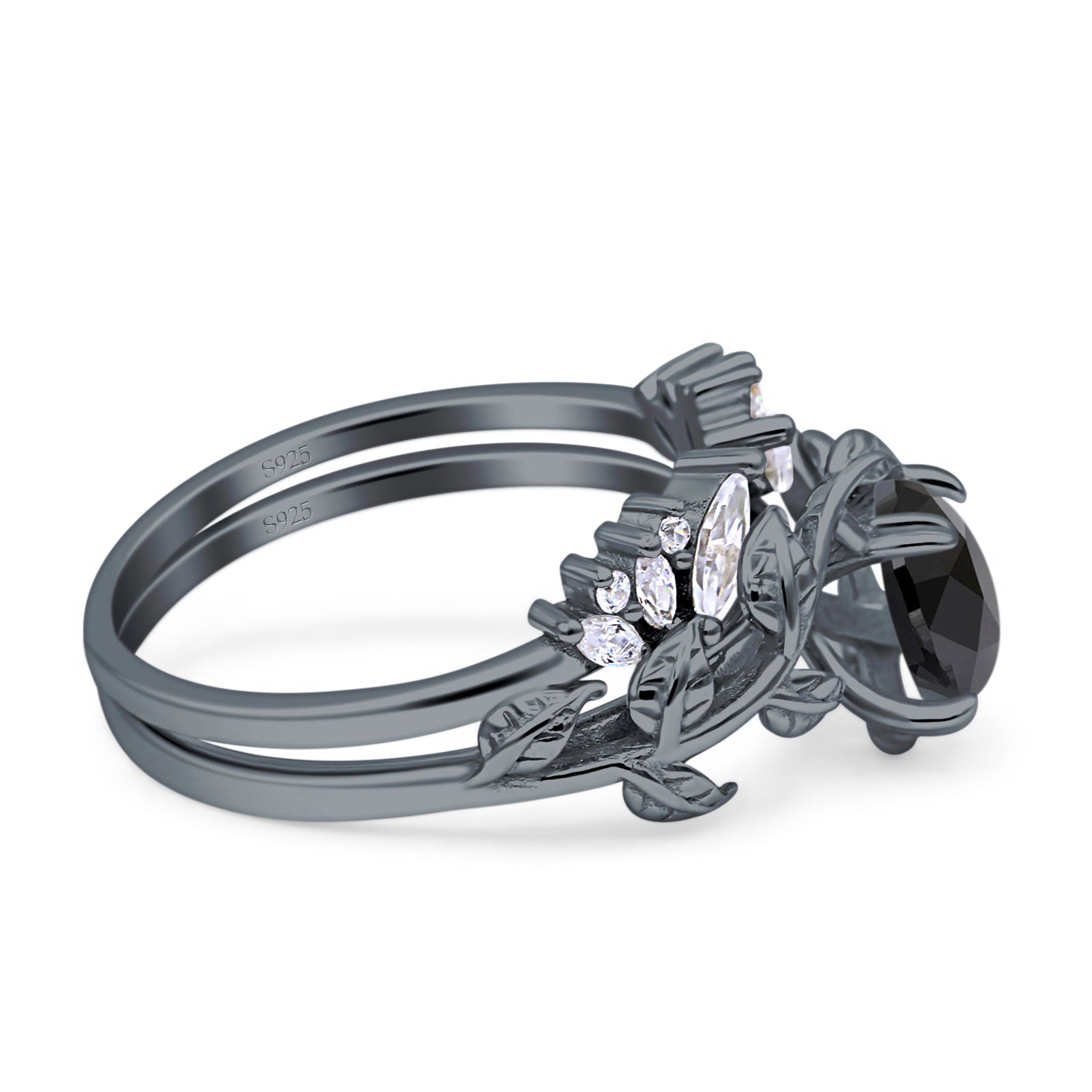 Art Deco Teardrop Pear Leaf Design Wedding Two Piece Ring Simulated Cubic Zirconia Stones 925 Sterling Silver