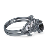 Art Deco Teardrop Pear Leaf Design Wedding Two Piece Ring Simulated Cubic Zirconia Stones 925 Sterling Silver