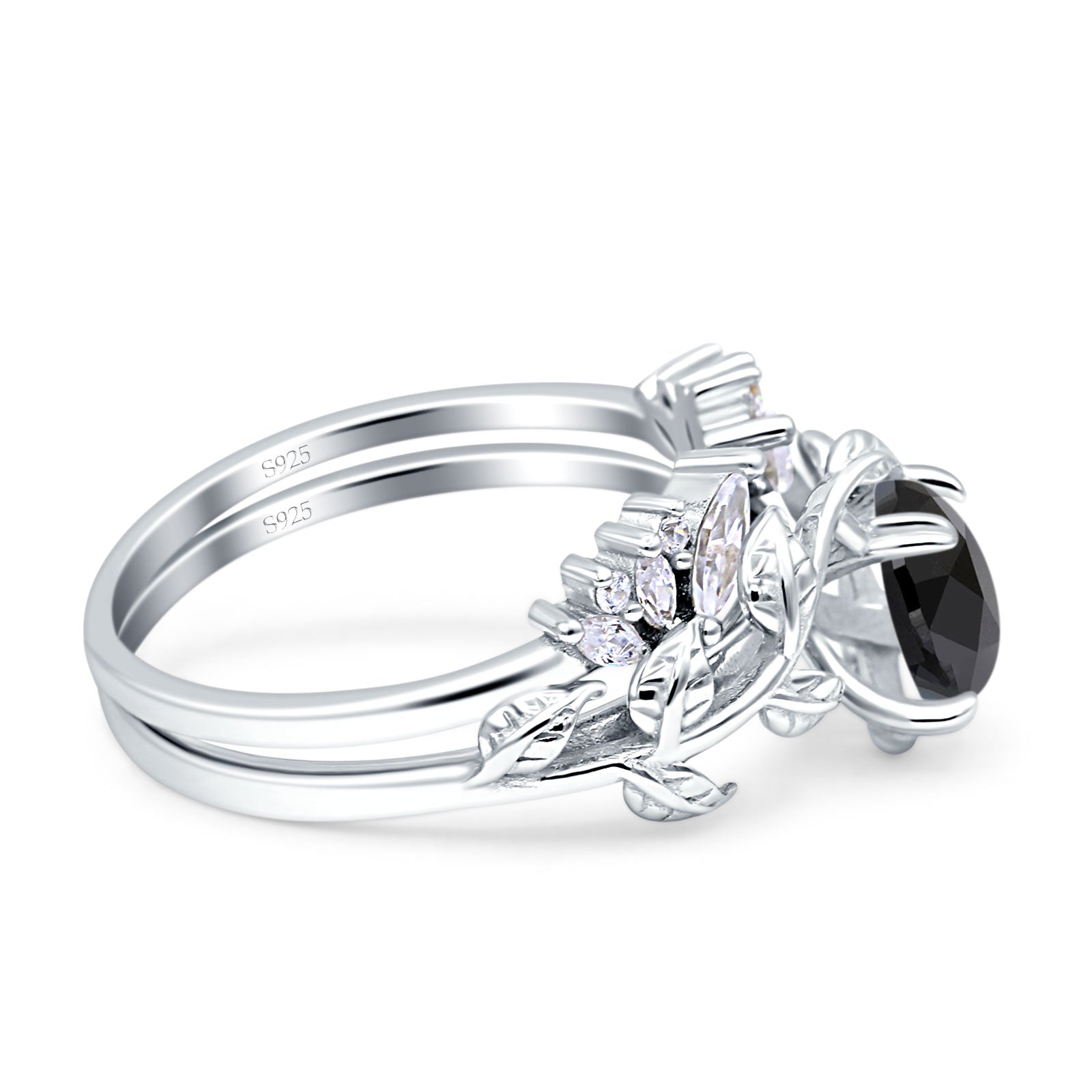 Art Deco Teardrop Pear Leaf Design Wedding Two Piece Ring Simulated Cubic Zirconia Stones 925 Sterling Silver