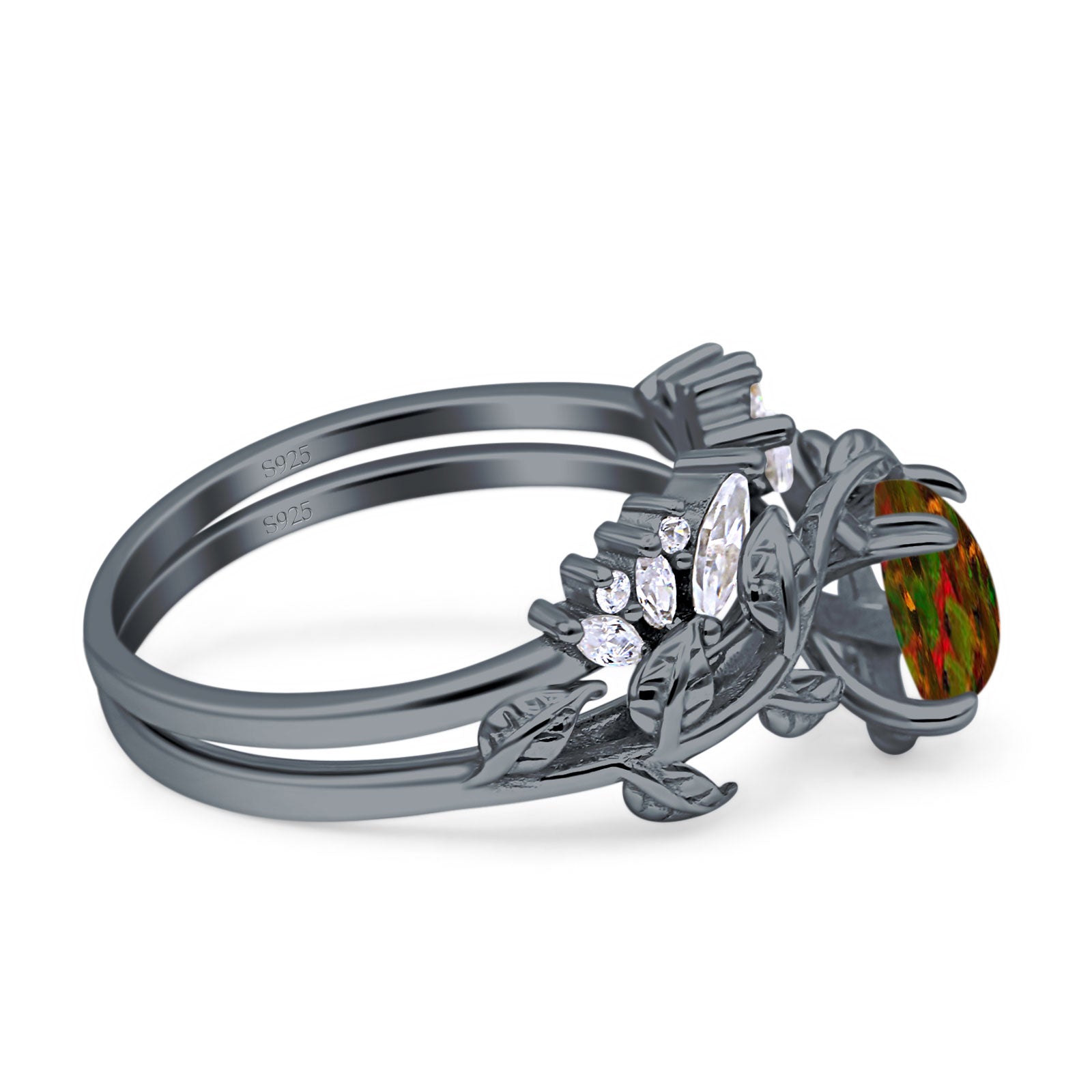 Art Deco Teardrop Pear Leaf Design Wedding Two Piece Ring Simulated Cubic Zirconia Stones 925 Sterling Silver