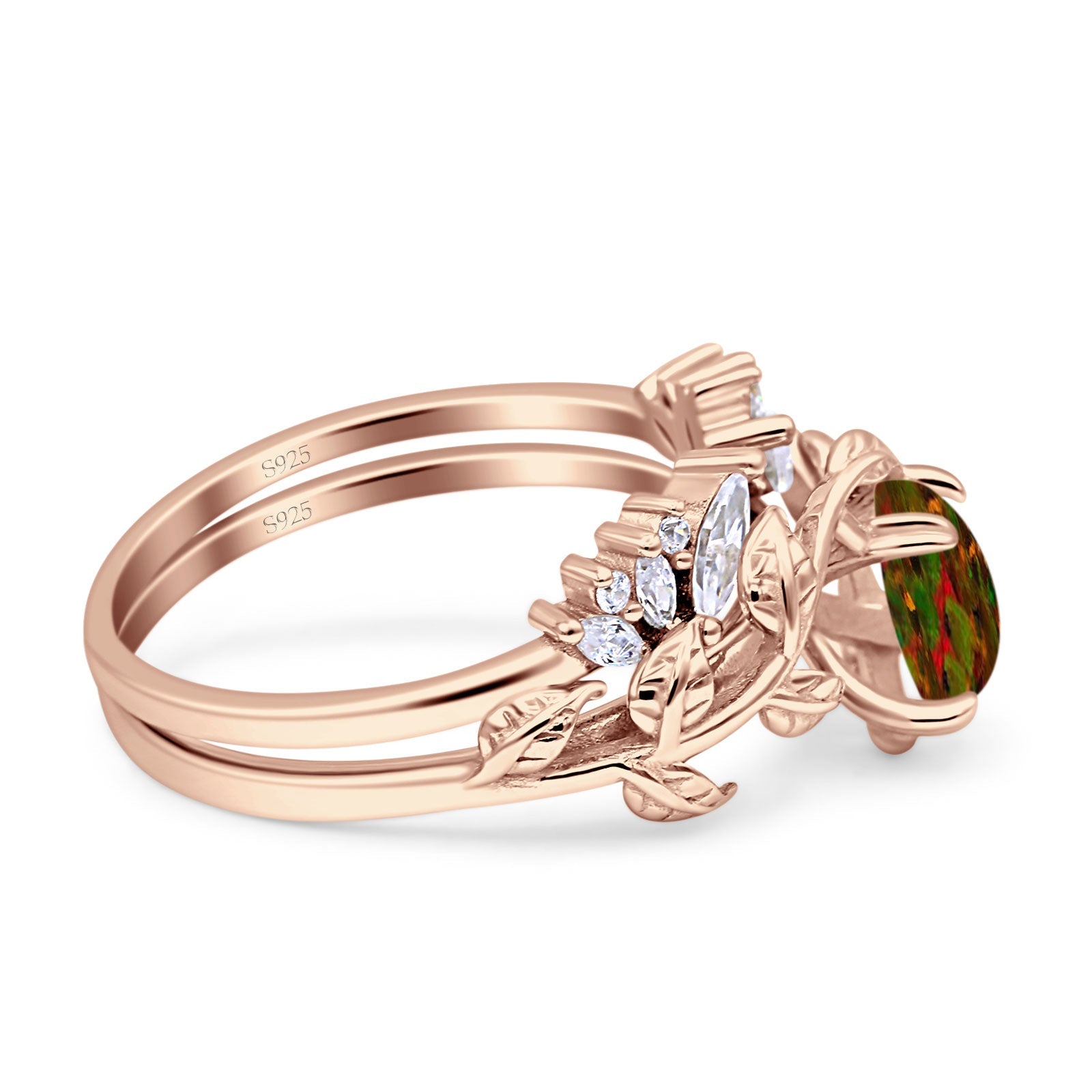 Art Deco Teardrop Pear Leaf Design Wedding Two Piece Ring Simulated Cubic Zirconia Stones 925 Sterling Silver