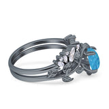 Art Deco Teardrop Pear Leaf Design Wedding Two Piece Ring Simulated Cubic Zirconia Stones 925 Sterling Silver