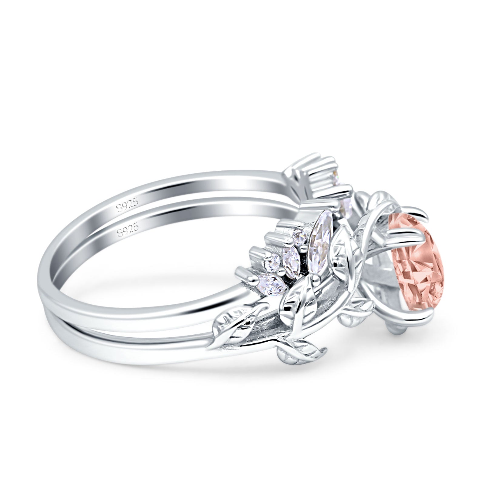 Art Deco Teardrop Pear Leaf Design Wedding Two Piece Ring Simulated Cubic Zirconia Stones 925 Sterling Silver