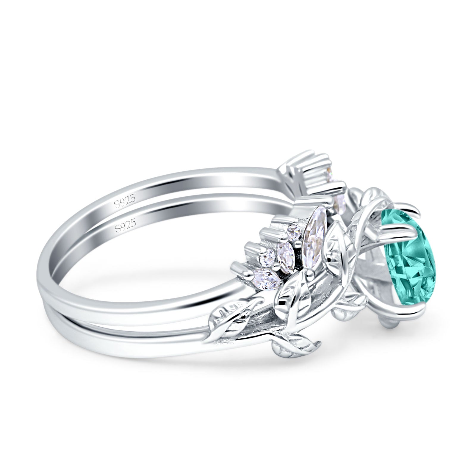 Art Deco Teardrop Pear Leaf Design Wedding Two Piece Ring Simulated Cubic Zirconia Stones 925 Sterling Silver
