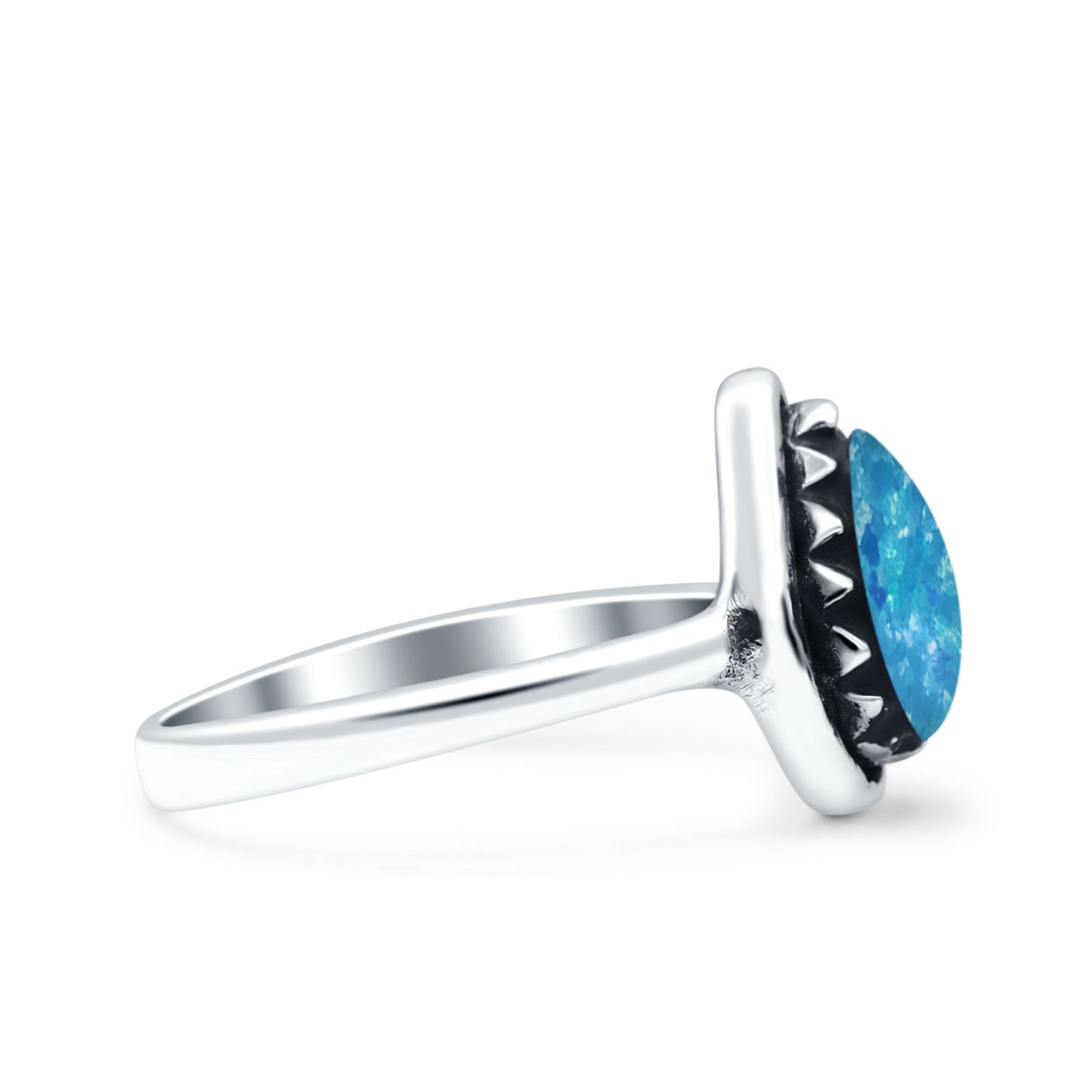 Petite Dainty Pear Lab Opal Ring Solid Oxidized 925 Sterling Silver