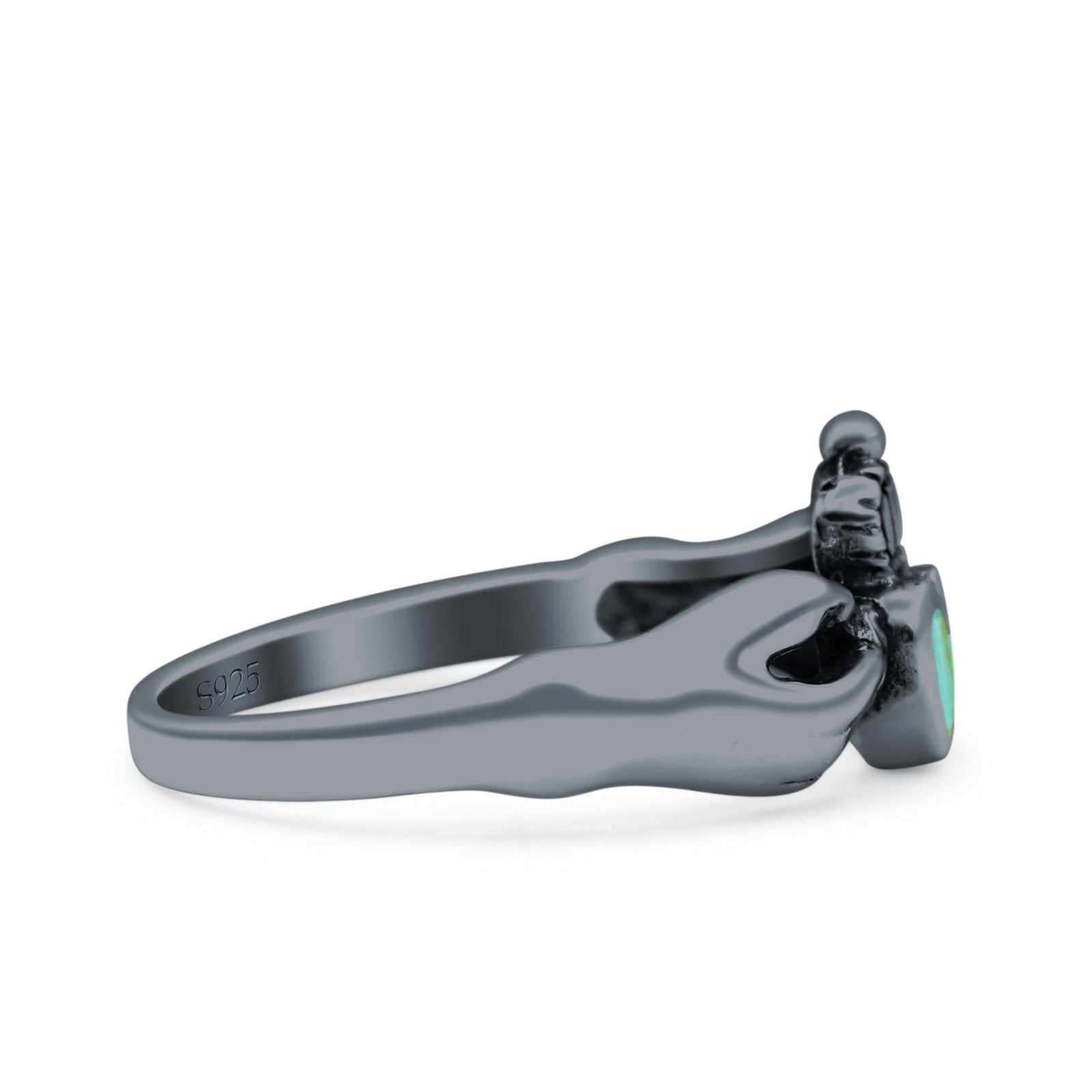 Petite Dainty Heart Lab Opal Ring Solid Oxidized 925 Sterling Silver