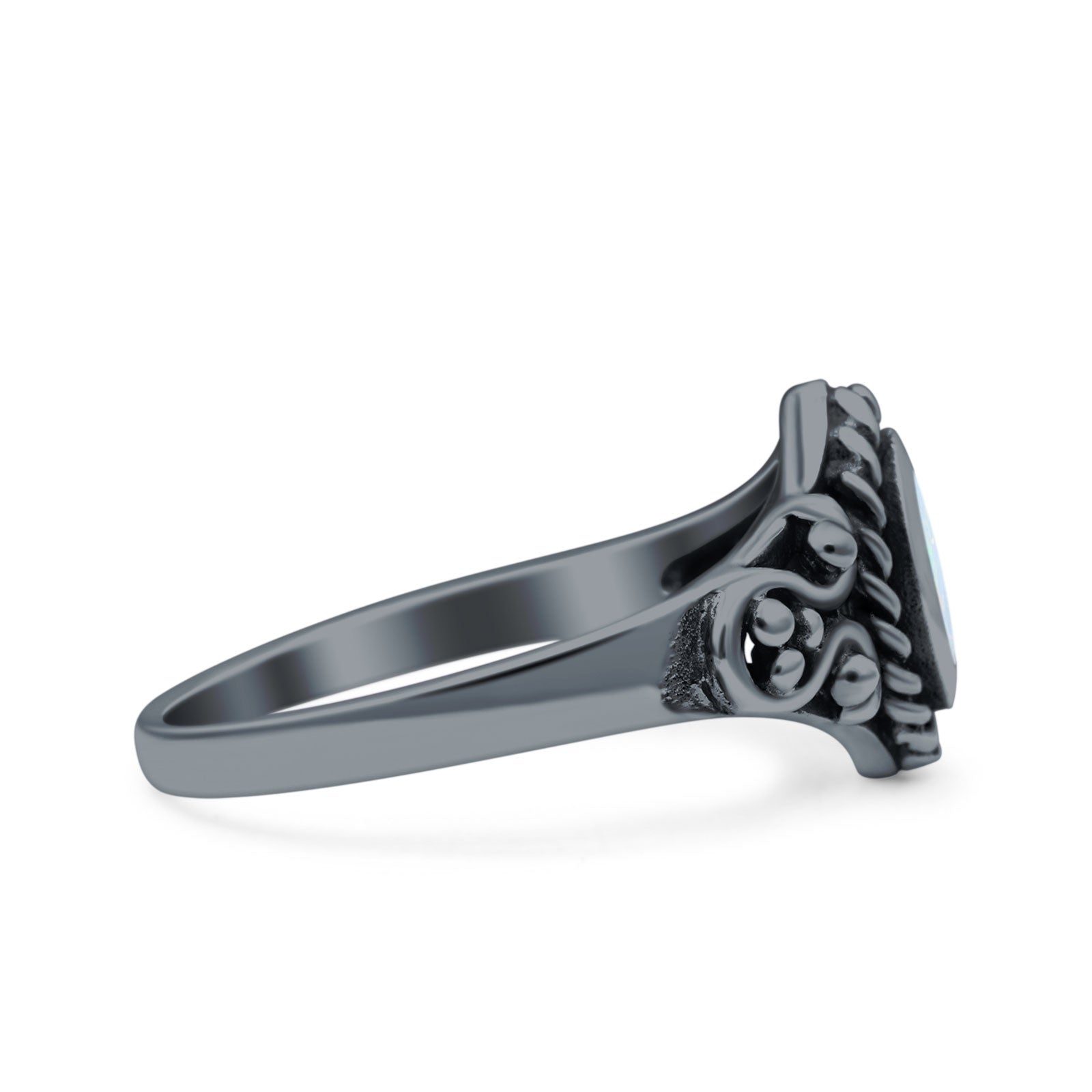 Vintage Style Marquise Lab Opal Ring Solid Oxidized 925 Sterling Silver