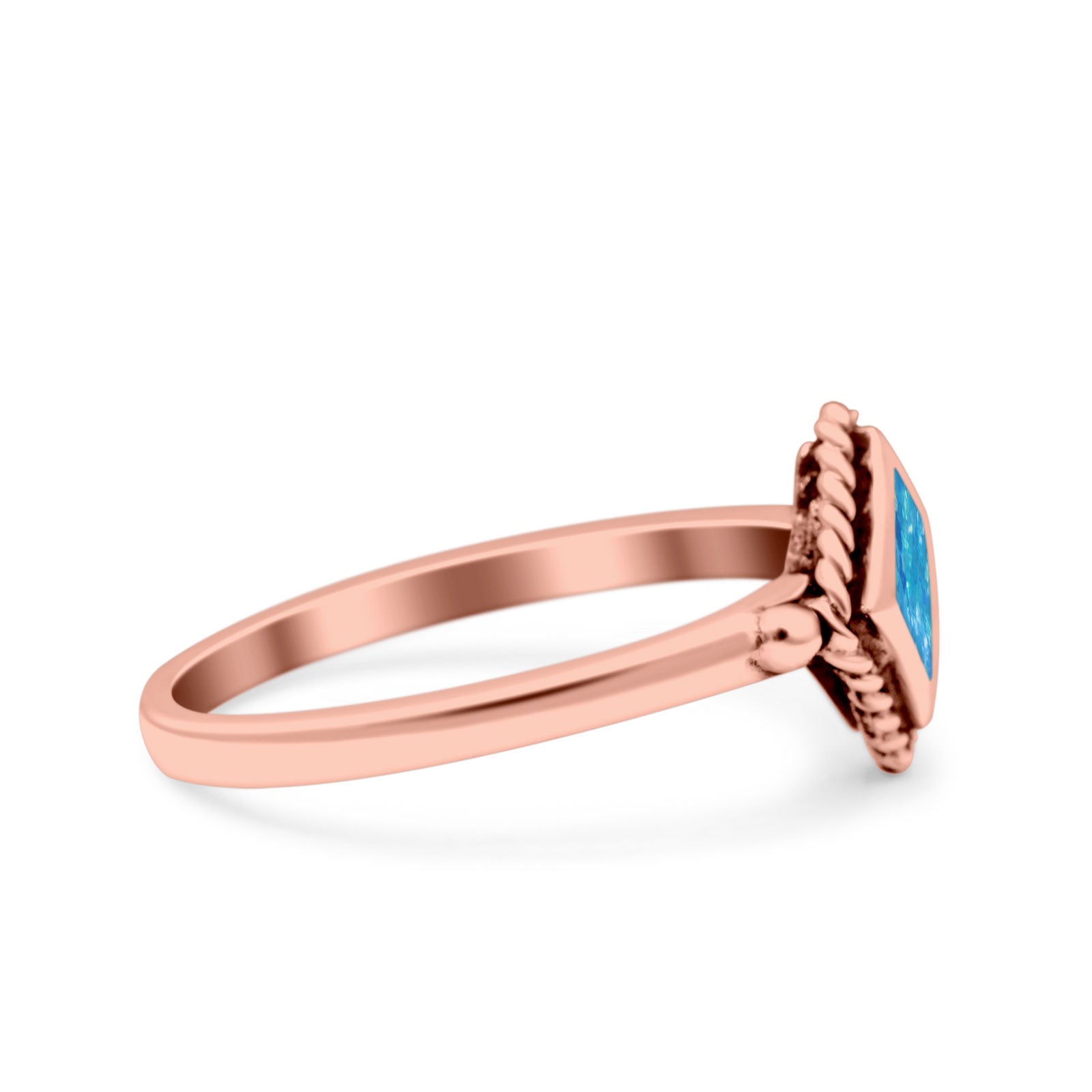 Square Vintage Style Petite Dainty Lab Opal Ring Solid Oxidized 925 Sterling Silver