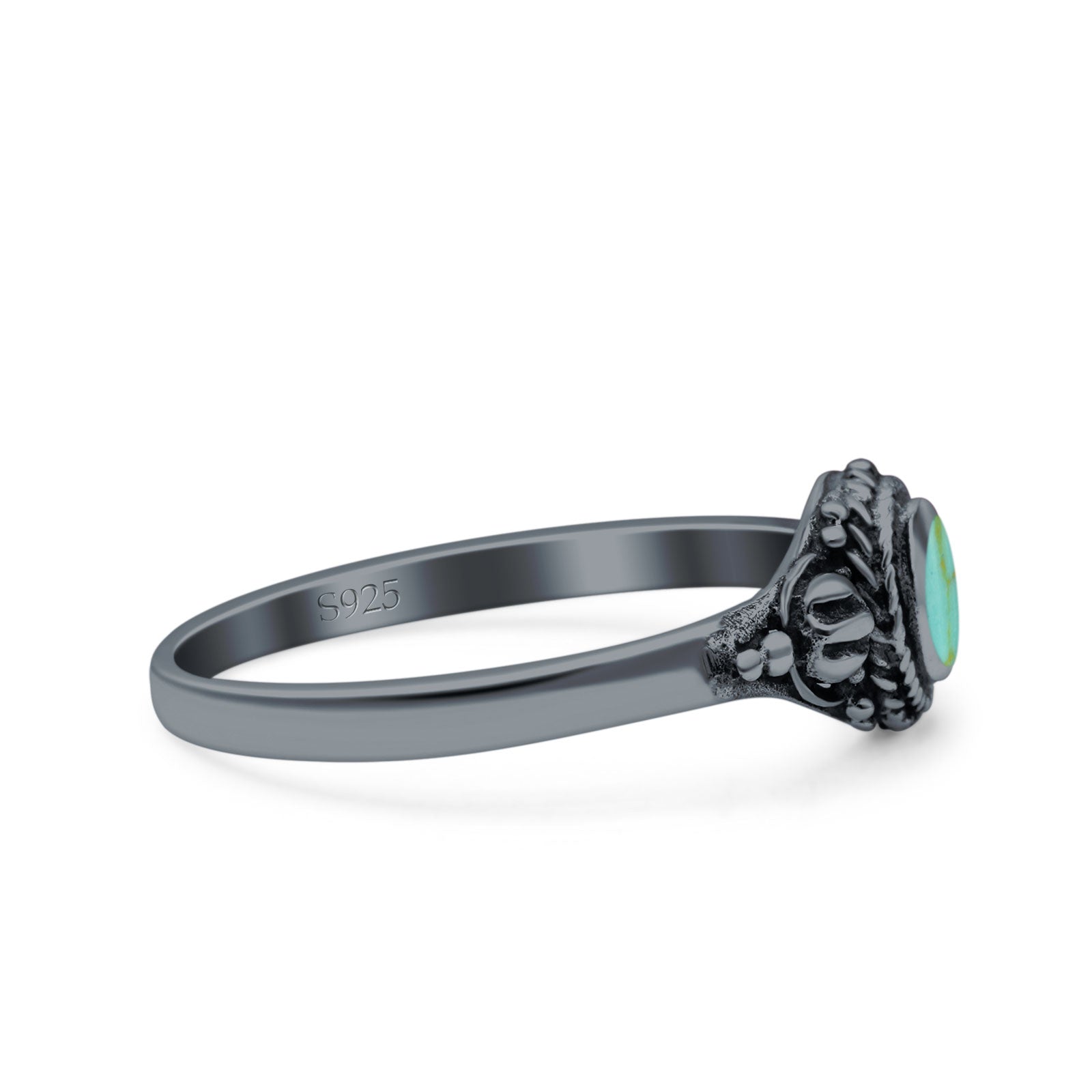 Vintage Style Round Lab Opal Ring Solid Oxidized 925 Sterling Silver