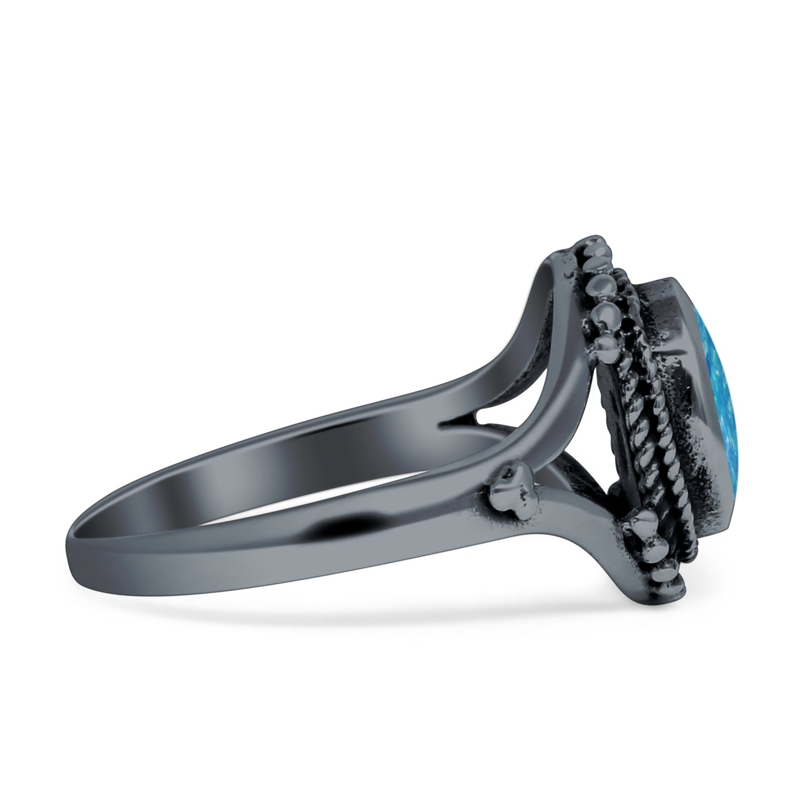 Oval Rope Beaded Oxidized Split Shank Created Opal Thumb Ring 925 Sterling Silver