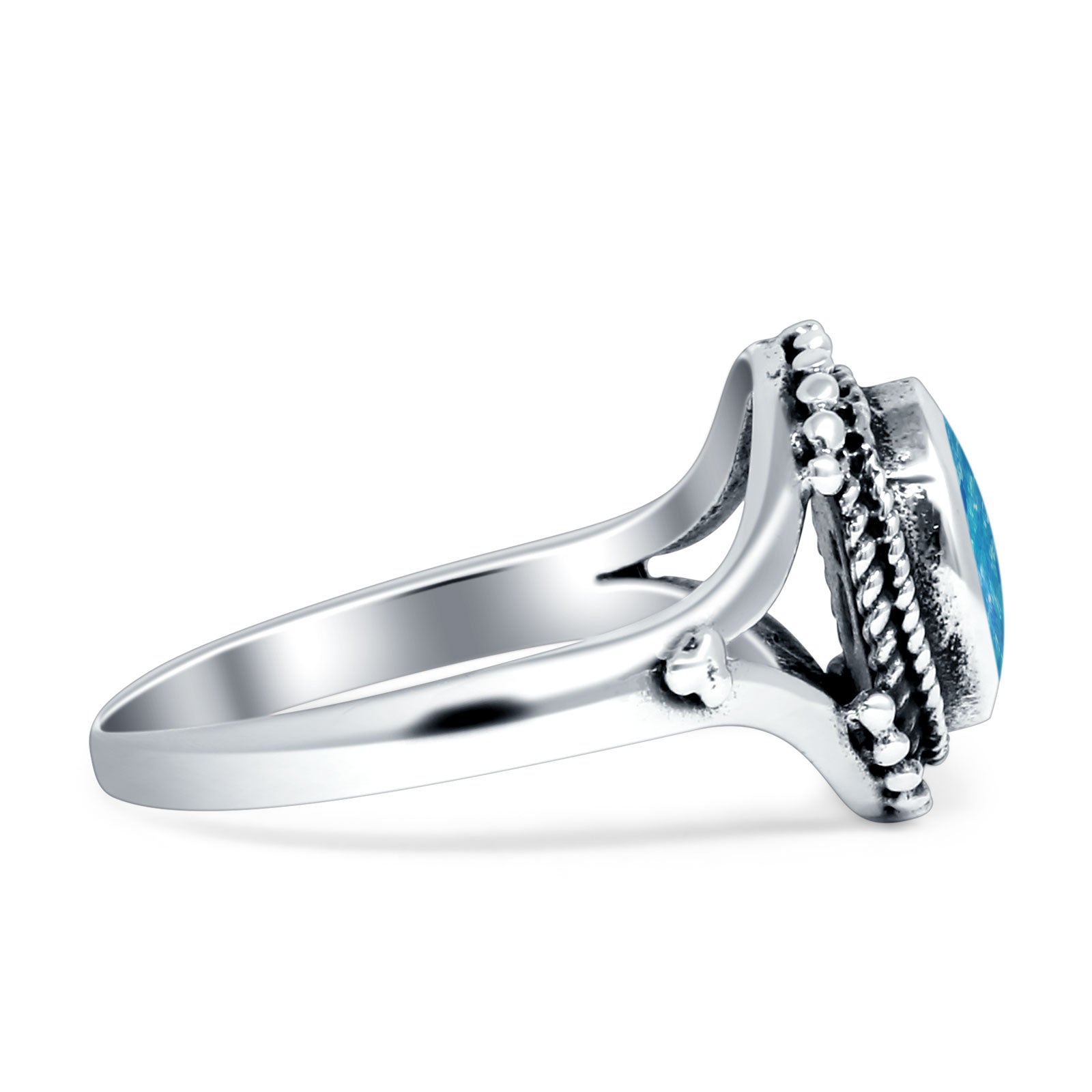 Oval Rope Beaded Oxidized Split Shank Created Opal Thumb Ring 925 Sterling Silver