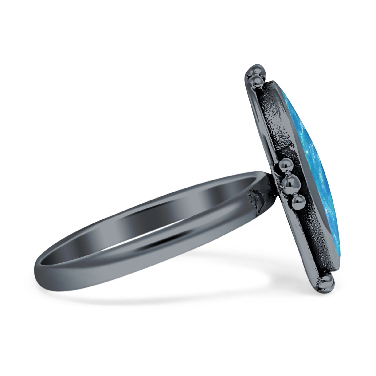 Oval Oxidized Created White & Blue Opal Thumb Ring 925 Sterling Silver