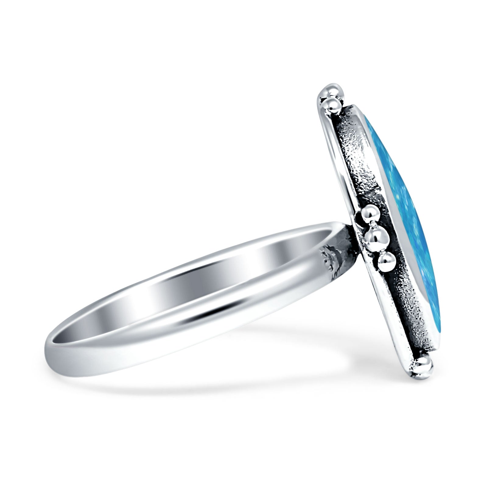 Oval Oxidized Created White & Blue Opal Thumb Ring 925 Sterling Silver