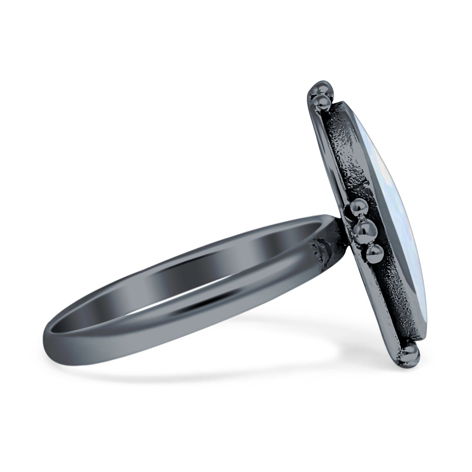 Oval Oxidized Created White & Blue Opal Thumb Ring 925 Sterling Silver