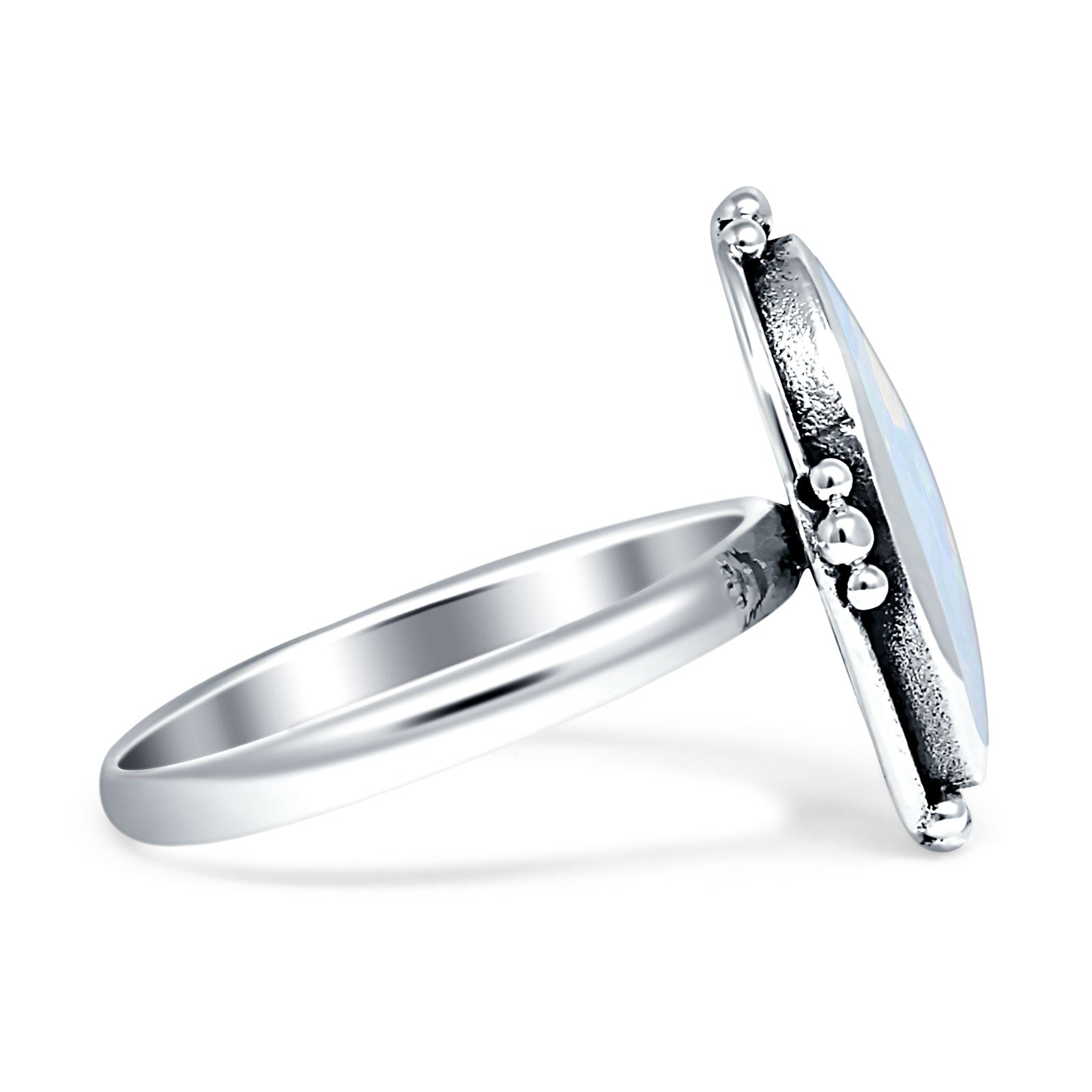 Oval Oxidized Created White & Blue Opal Thumb Ring 925 Sterling Silver