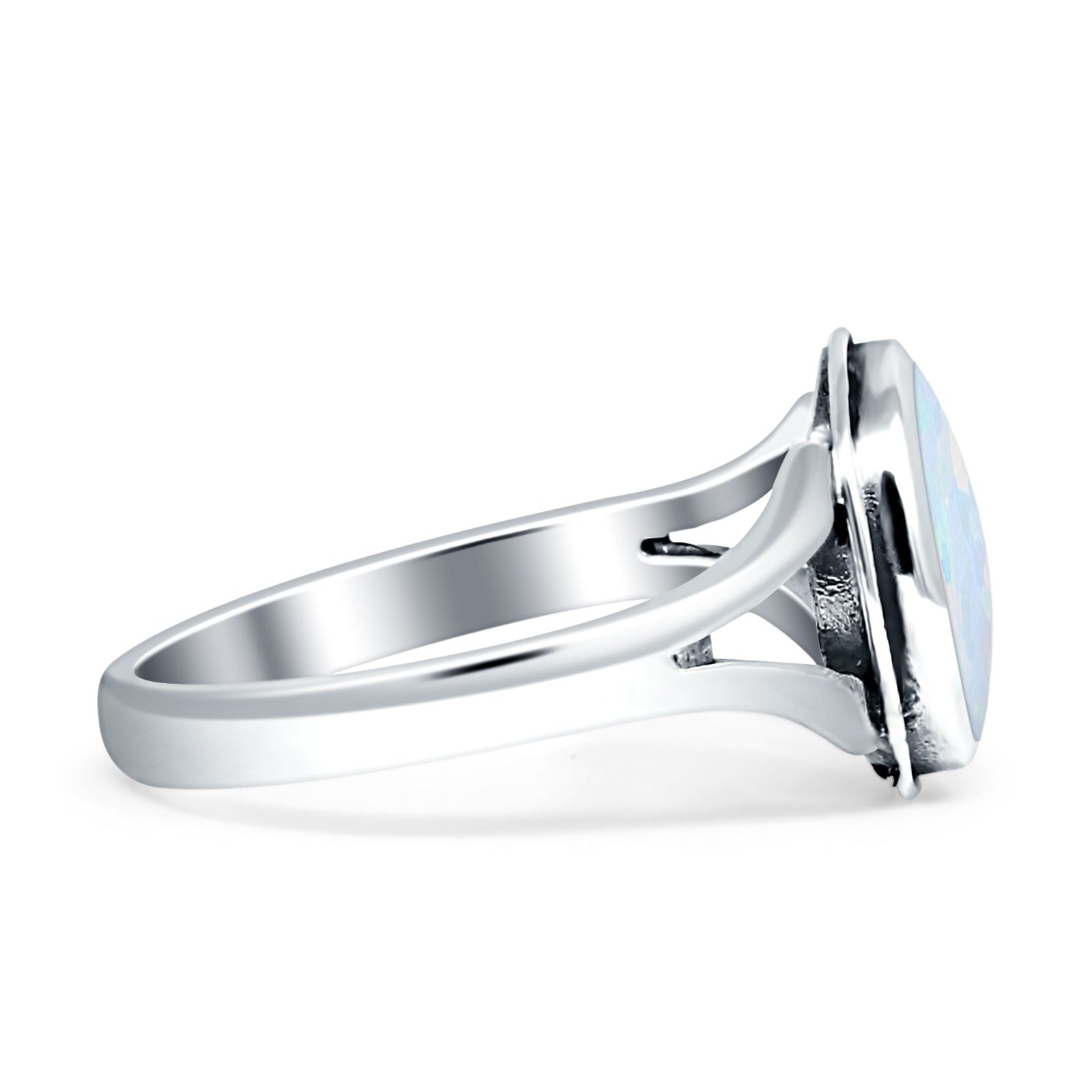 Oval Split Shank Created Opal Oxidized Ring 925 Sterling Silver