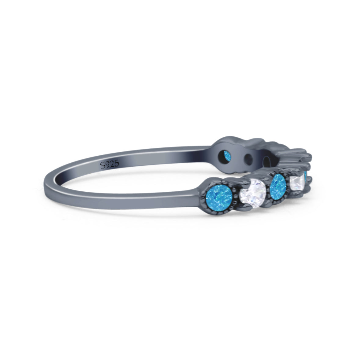 Half Eternity Ring Wedding Engagement Band Round Lab Created Opal 925 Sterling Silver