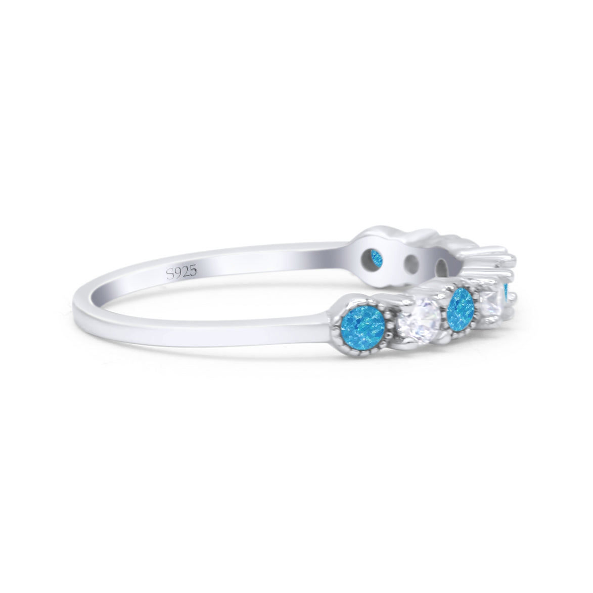 Half Eternity Ring Wedding Engagement Band Round Lab Created Opal 925 Sterling Silver