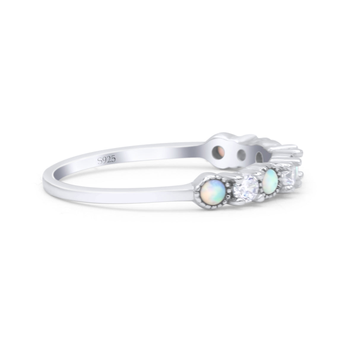 Half Eternity Ring Wedding Engagement Band Round Lab Created Opal 925 Sterling Silver
