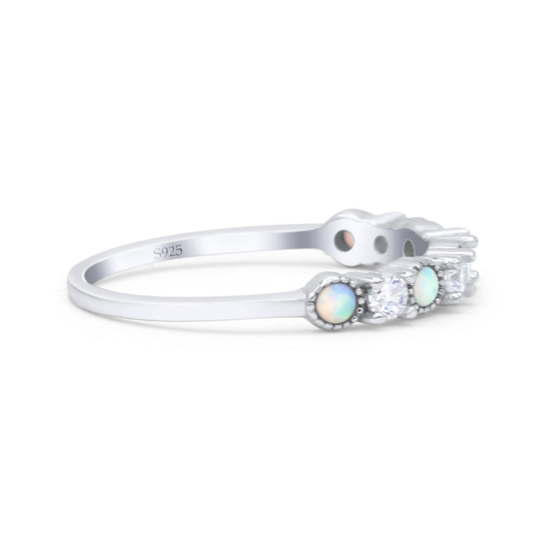 Half Eternity Ring Wedding Engagement Band Round Lab Created Opal 925 Sterling Silver
