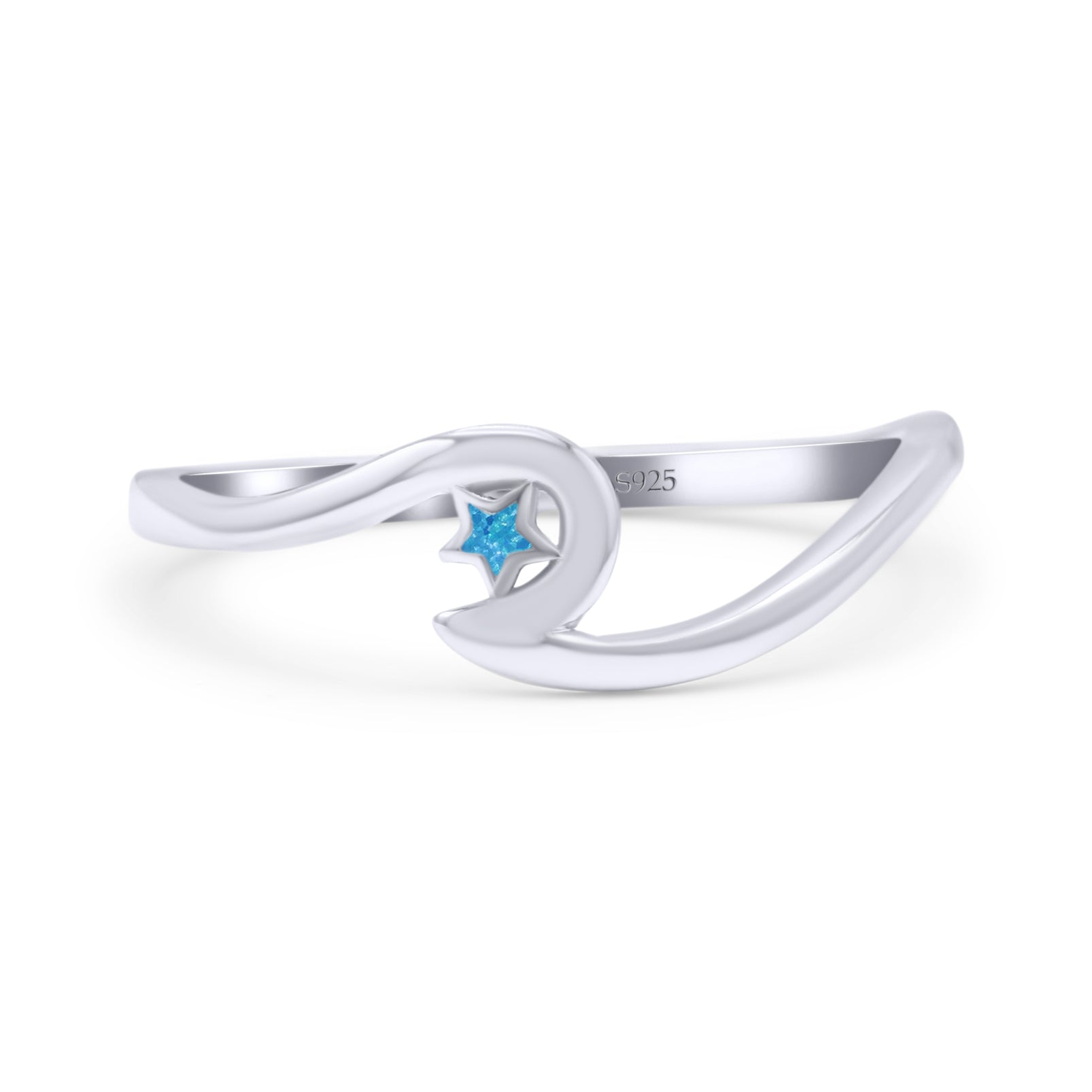 Wave & Star Wedding Engagement Ring Lab Created Opal 925 Sterling Silver
