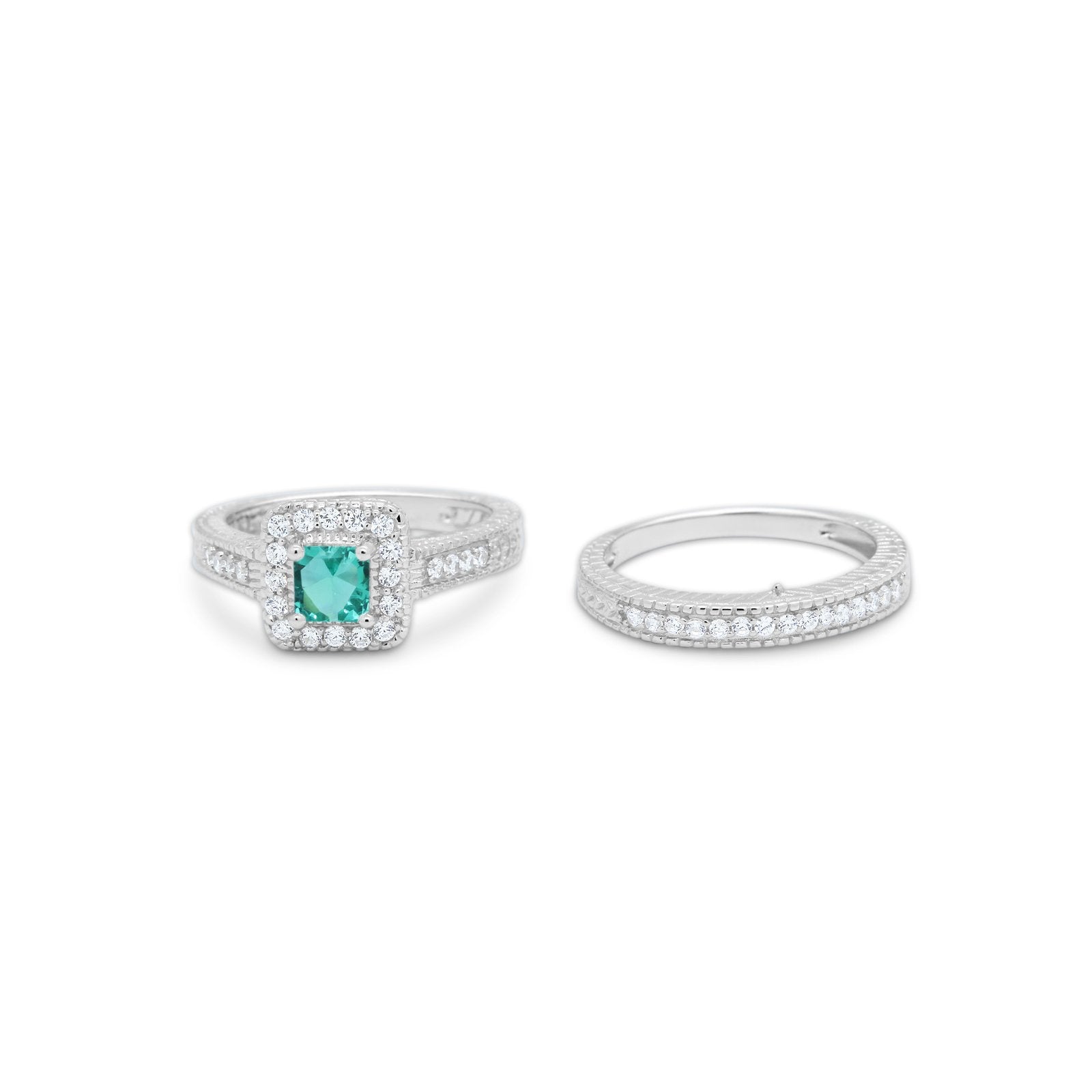 Two Piece Vintage Style Wedding Ring 925 Sterling Silver Simulated Cubic Zirconia