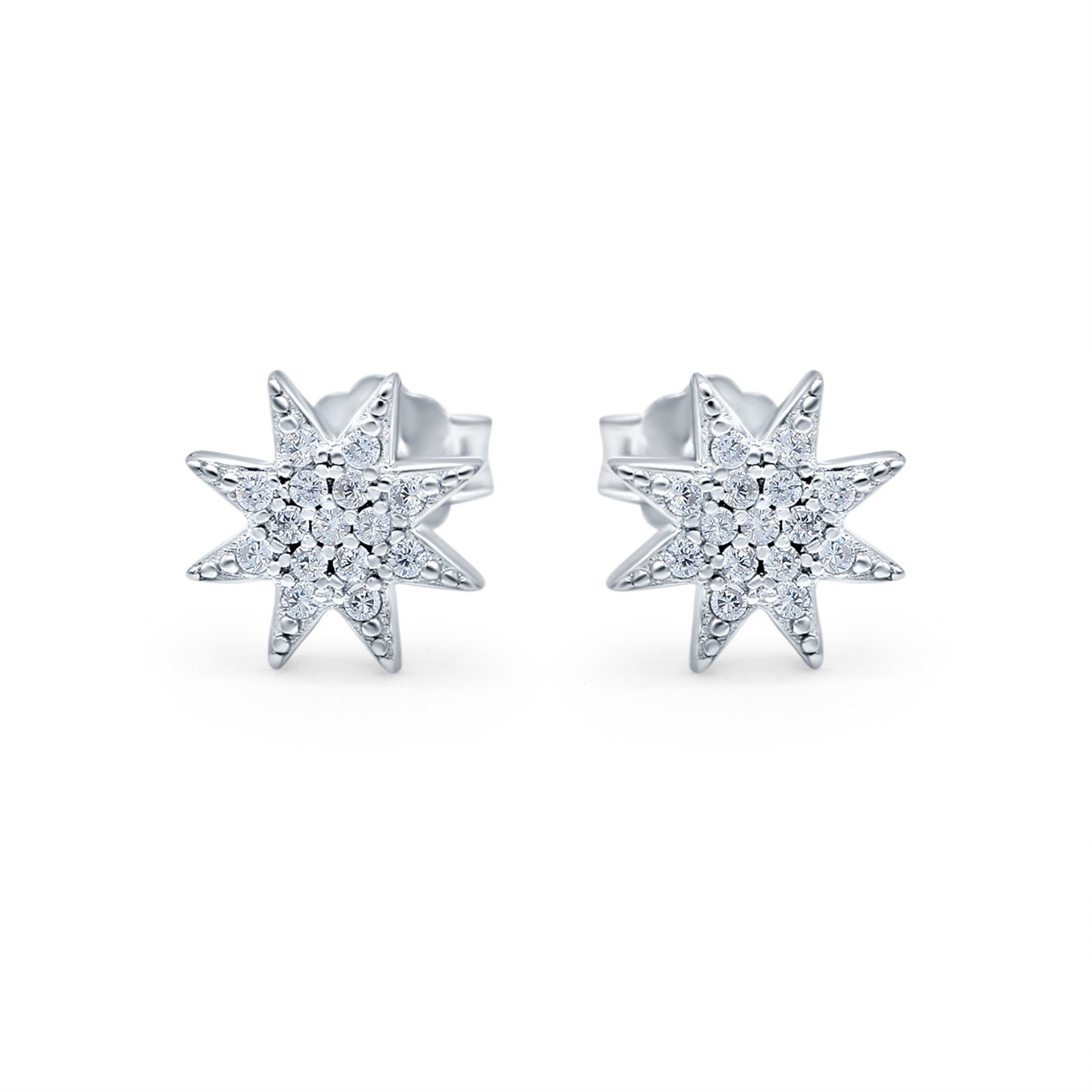 Starburst Stud Earrings Round Simulated Cubic Zirconia 925 Sterling Silver