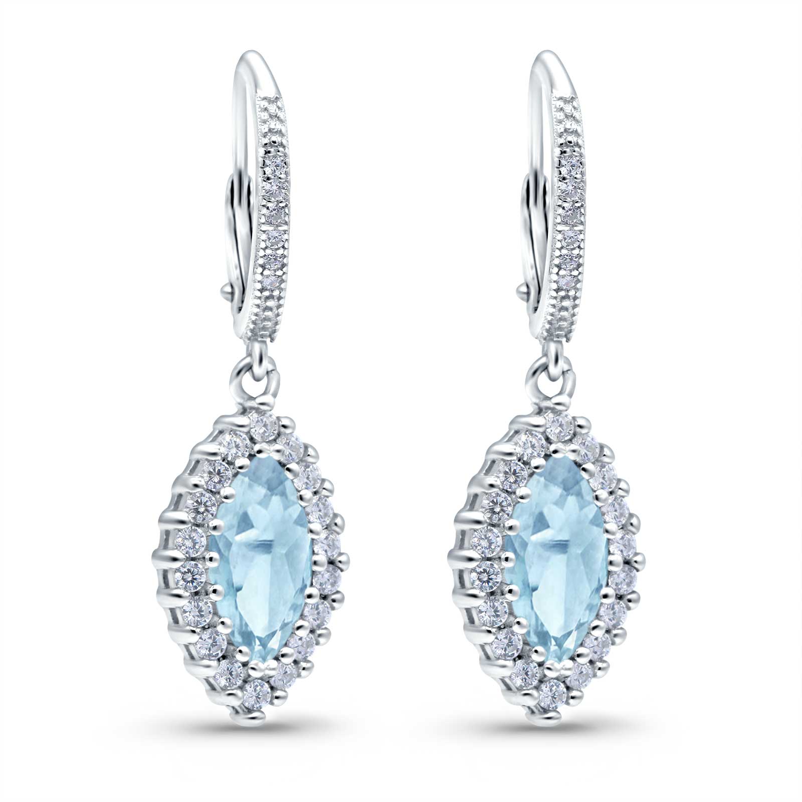 Halo Marquise Dangling Leverback Wedding Earrings Simulated Cubic Zirconia 925 Sterling Silver (31mm)