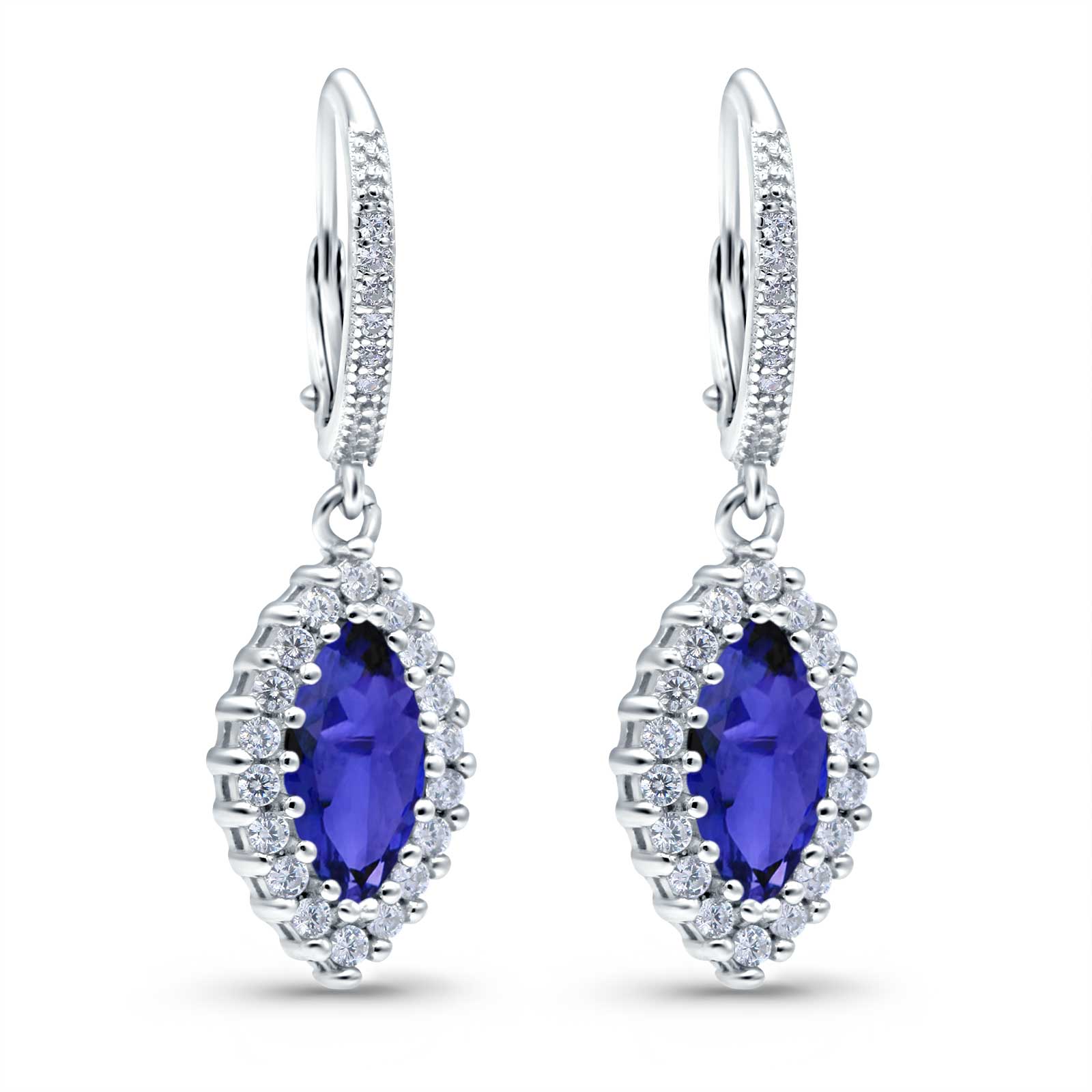 Halo Marquise Dangling Leverback Wedding Earrings Simulated Cubic Zirconia 925 Sterling Silver (31mm)