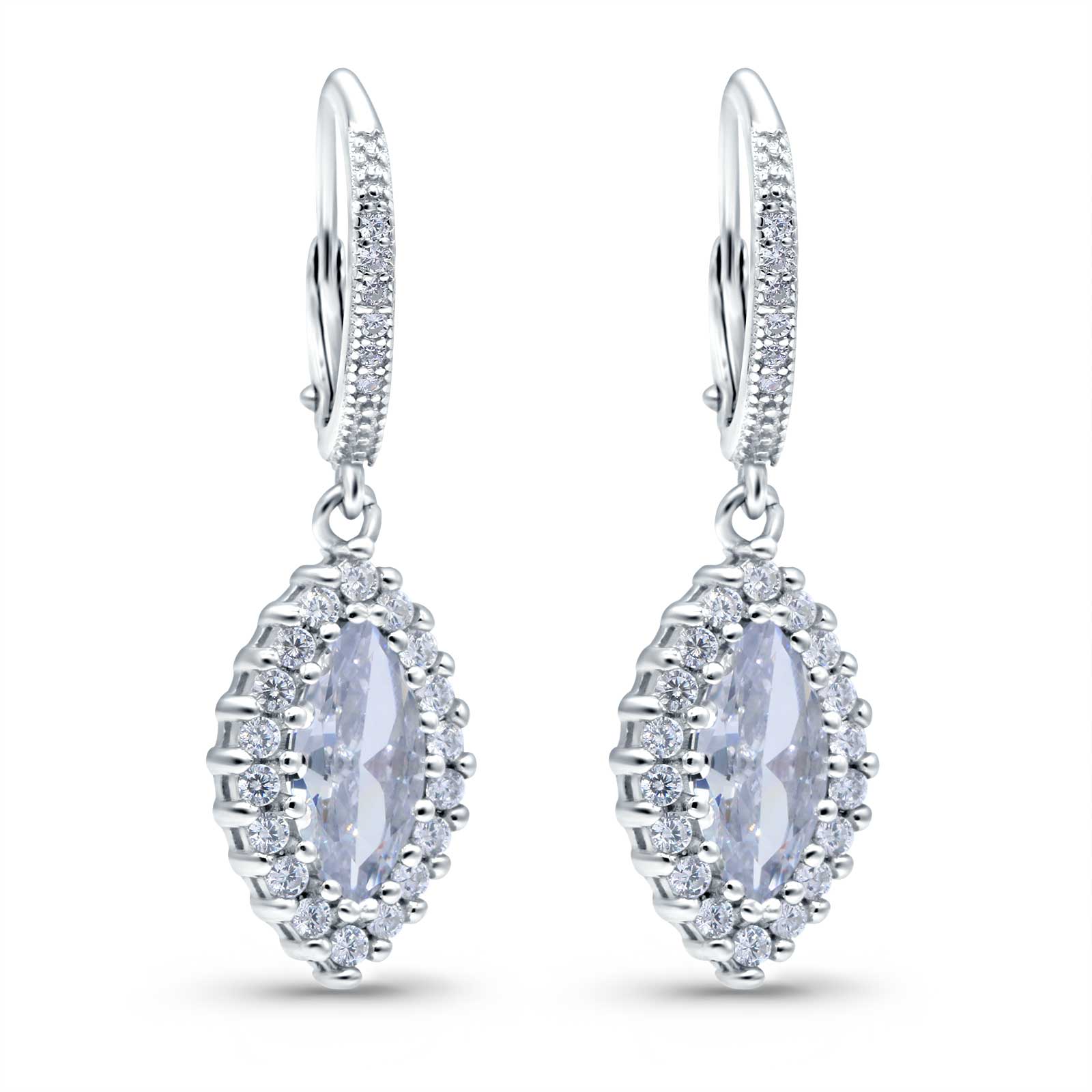 Halo Marquise Dangling Leverback Wedding Earrings Simulated Cubic Zirconia 925 Sterling Silver (31mm)