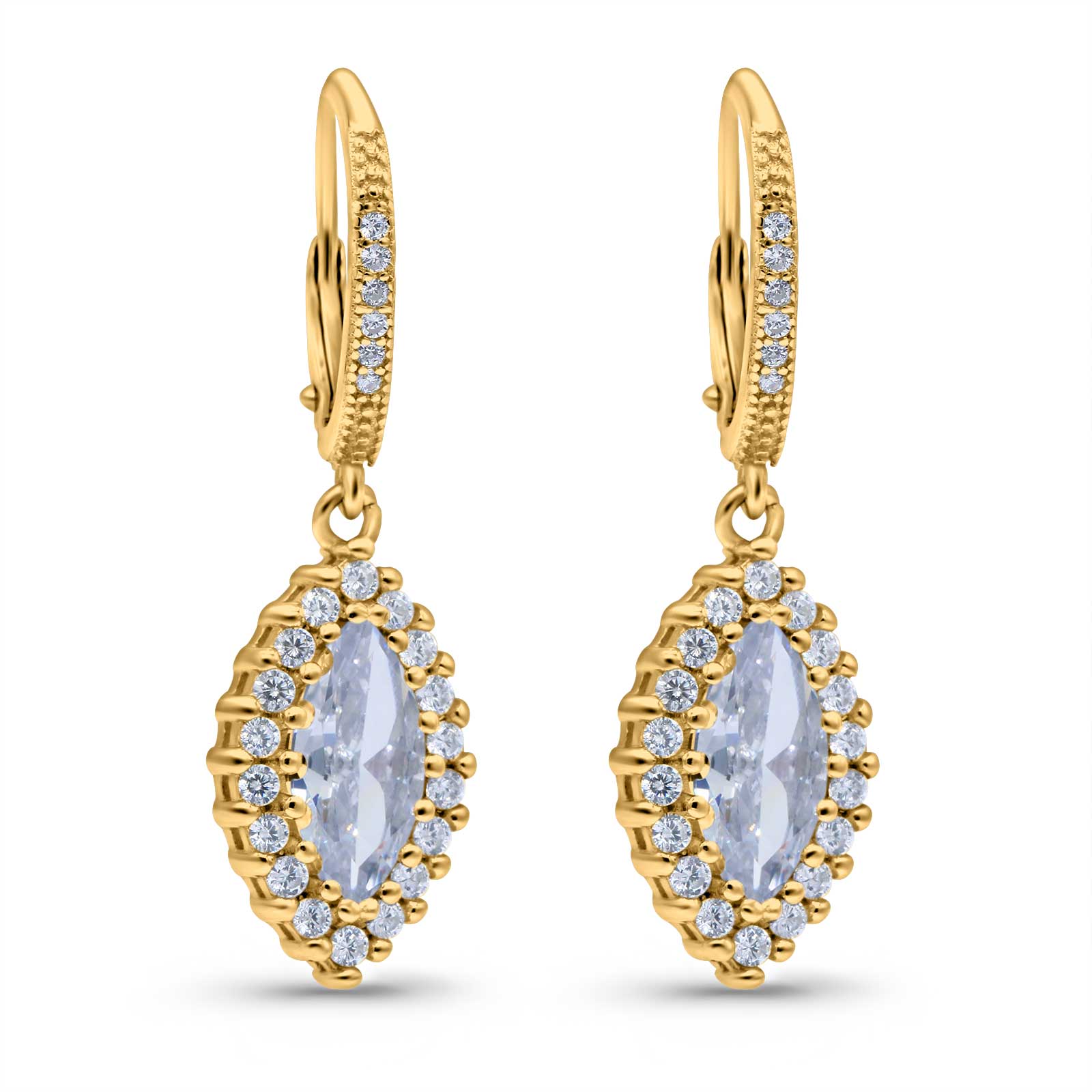 Halo Marquise Dangling Leverback Wedding Earrings Simulated Cubic Zirconia 925 Sterling Silver (31mm)